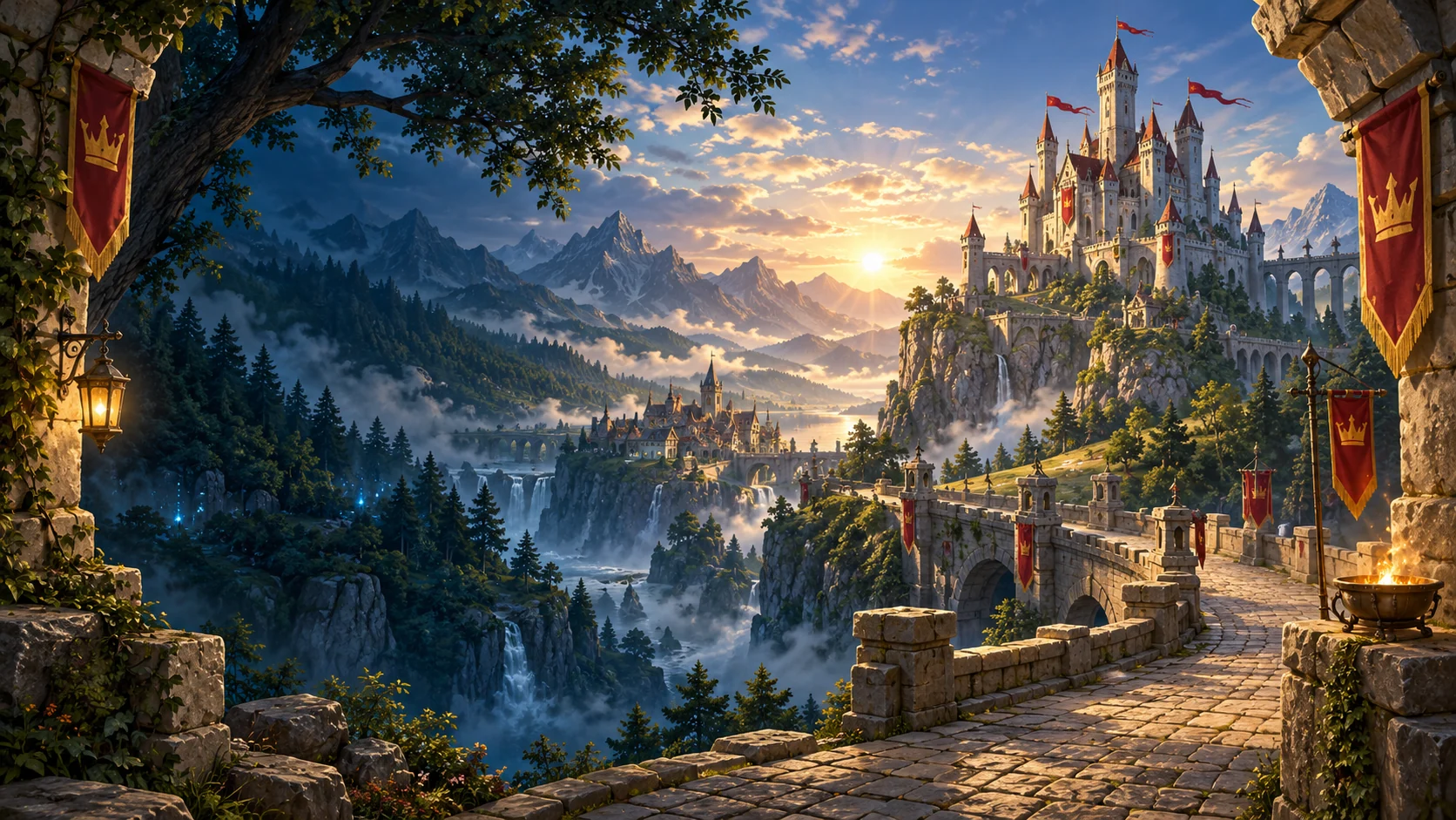 Oldcraft Kingdoms artwork: a castle overlooking a vast mountain valley
